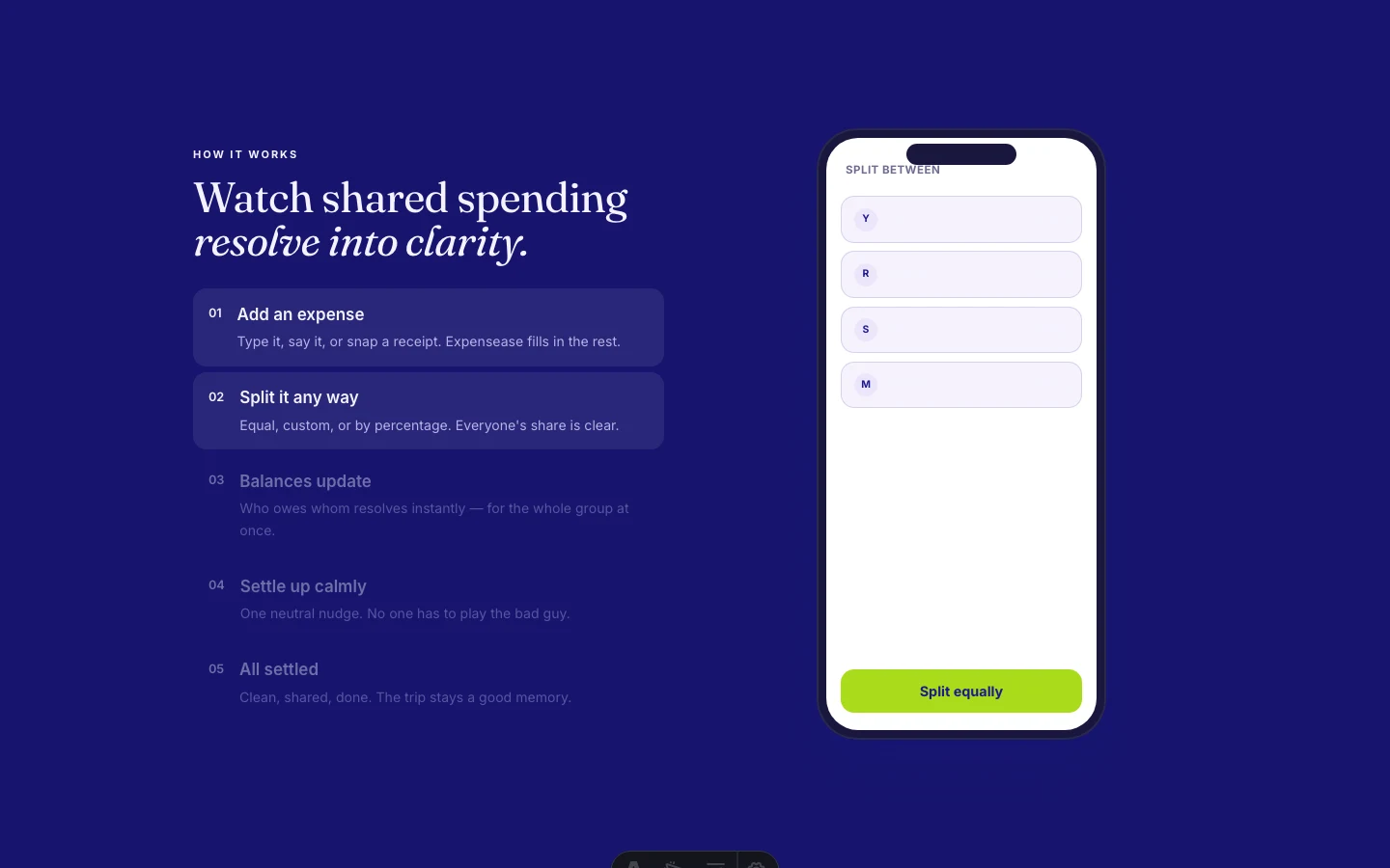 Expensease: add an expense, split it any way, settle up calmly