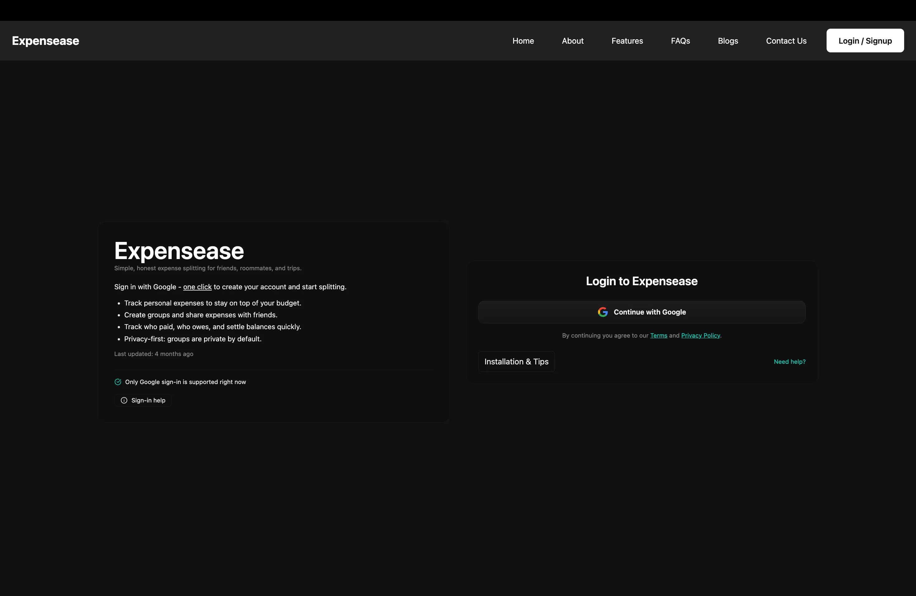 Expensease marketing site — split bills, track money, keep friends